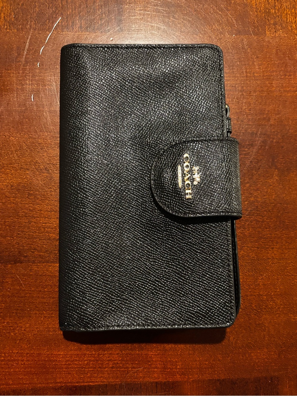 Coach Black Textured Leather Snap Wallet with Gold Logo Phone Pocket